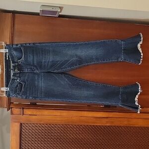 BlankNYC | Cropped Bell Flare Ruffle Frayed Hem Dark Wash Jeans in size 27